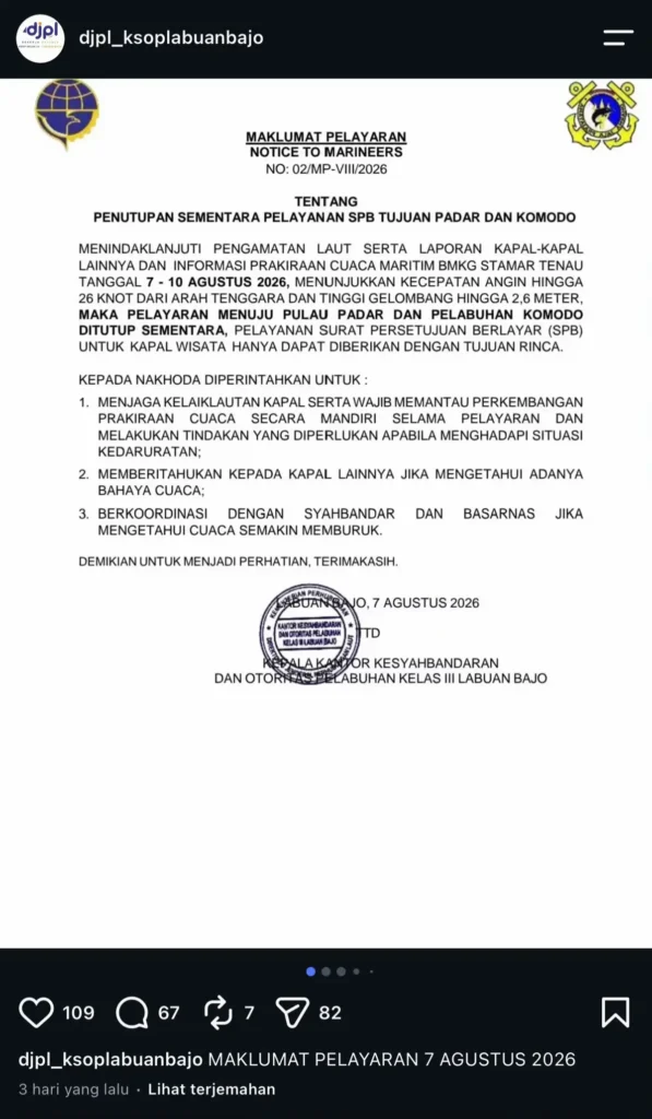 Foto Tangkapan Layar Larangan Izin Berlayar ke Pulau Padar dan Komodo 