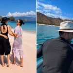 Foto Jessica Mila saat berada di Pink Beach Komodo dimana merupakan salah satu tempat atau lokasi yang dilarang berlayar saat itu