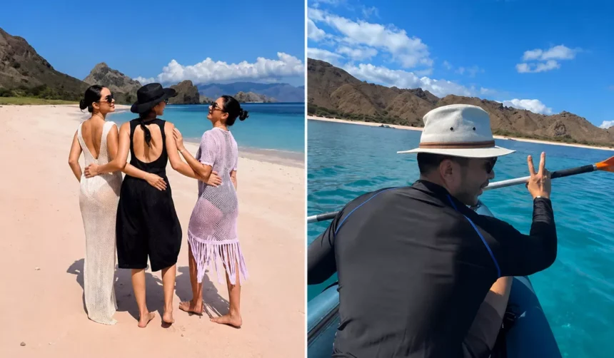 Foto Jessica Mila saat berada di Pink Beach Komodo dimana merupakan salah satu tempat atau lokasi yang dilarang berlayar saat itu